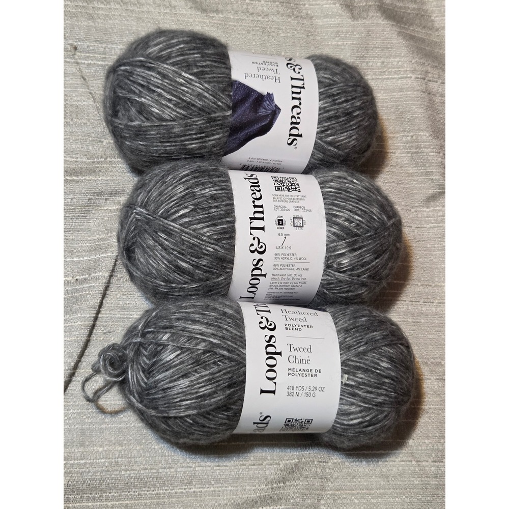 Loops & Threads Heathered Tweed Yarn Charcoal Grey 3 Skeins Light 3 1254 Yds